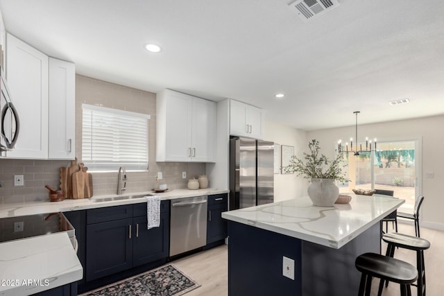 kitchen with a breakfast bar, a sink, visible vents, white cabinetry, and appliances with stainless steel finishes