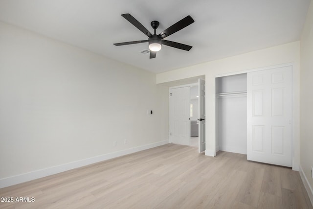 unfurnished bedroom with visible vents, baseboards, a ceiling fan, light wood-type flooring, and a closet