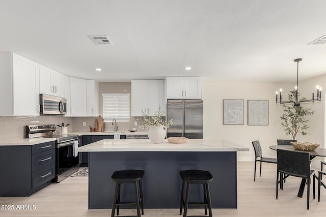 kitchen featuring a breakfast bar, white cabinets, appliances with stainless steel finishes, light wood-type flooring, and backsplash