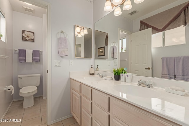 bathroom with toilet, visible vents, a sink, and tile patterned floors