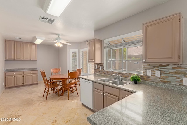 kitchen featuring visible vents, a ceiling fan, a sink, white dishwasher, and backsplash