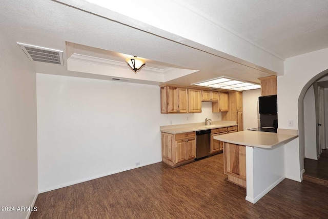 kitchen featuring dark hardwood / wood-style floors, kitchen peninsula, a tray ceiling, and dishwasher