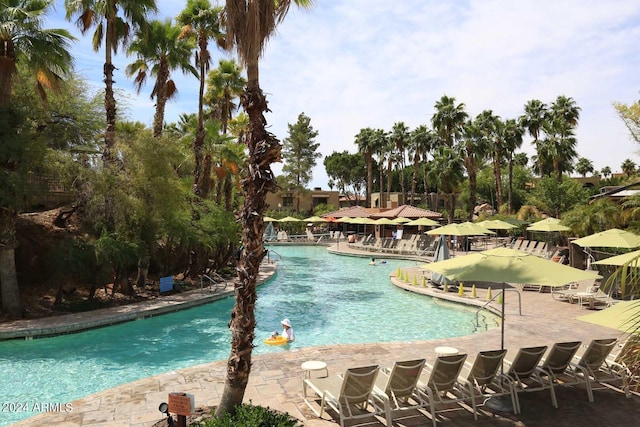 view of swimming pool featuring a patio