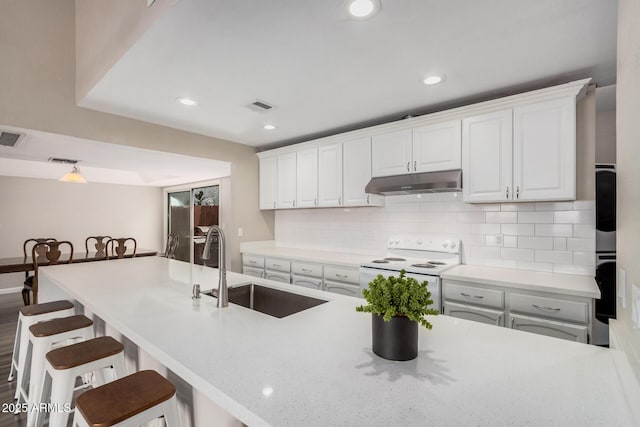 2929 E Broadway Rd Unit 30, Mesa, AZ 85204 - kitchen featuring white electric range oven, under cabinet range hood, a sink, a breakfast bar area, and decorative backsplash
