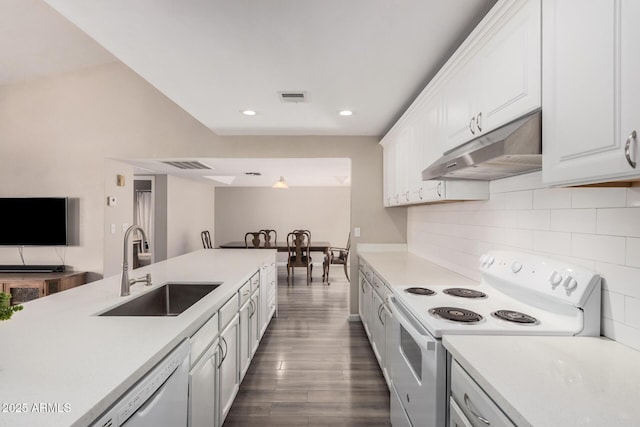 2929 E Broadway Rd Unit 30, Mesa, AZ 85204 - kitchen featuring white appliances, under cabinet range hood, a sink, light countertops, and dark wood-style flooring