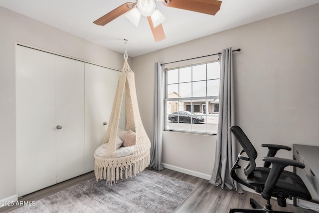 2929 E Broadway Rd Unit 30, Mesa, AZ 85204 - office area featuring a ceiling fan, wood finished floors, and baseboards