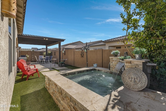 view of swimming pool featuring a pergola, a patio area, and pool water feature