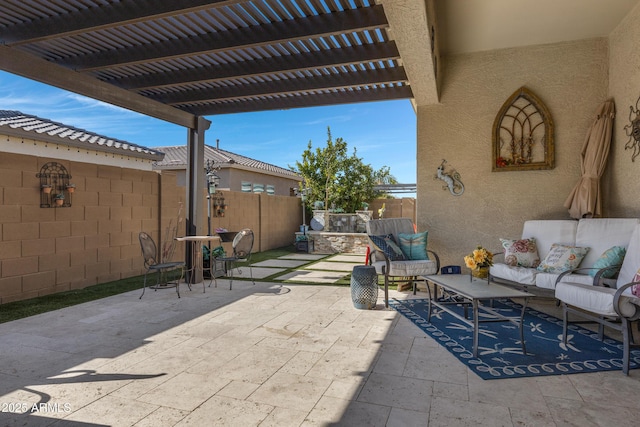 view of patio with outdoor lounge area and a pergola