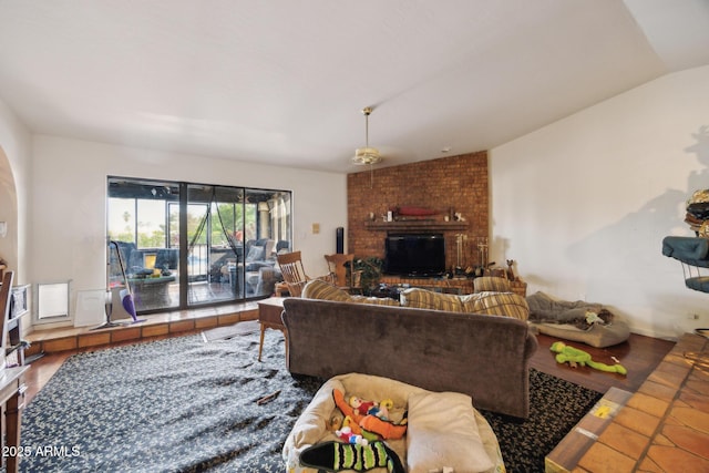 1908 E Beck Ln, Phoenix, AZ 85022 - living room featuring a brick fireplace and vaulted ceiling
