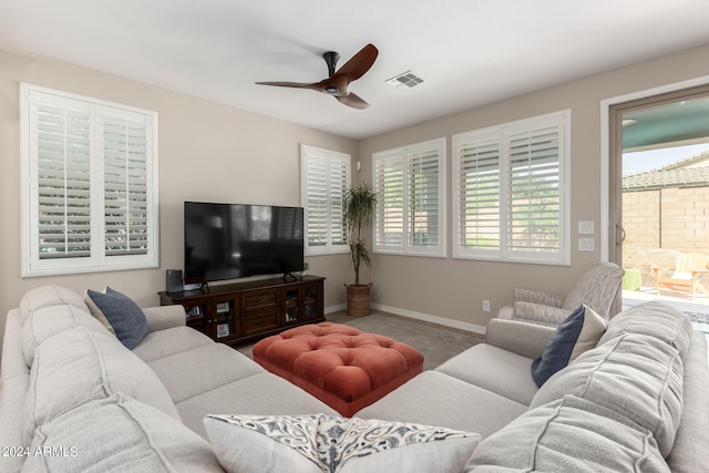 living room with ceiling fan