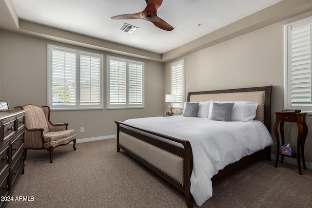 bedroom featuring ceiling fan, carpet floors, and a raised ceiling