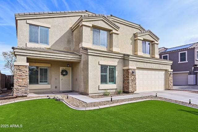 view of front of property with stucco siding, a front lawn, stone siding, concrete driveway, and a garage