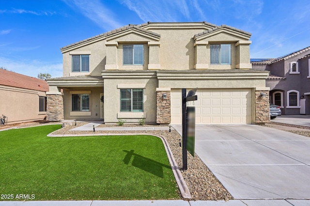 view of front of home featuring stone siding, stucco siding, driveway, and a garage