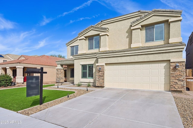 view of front facade featuring stone siding, stucco siding, driveway, and a garage