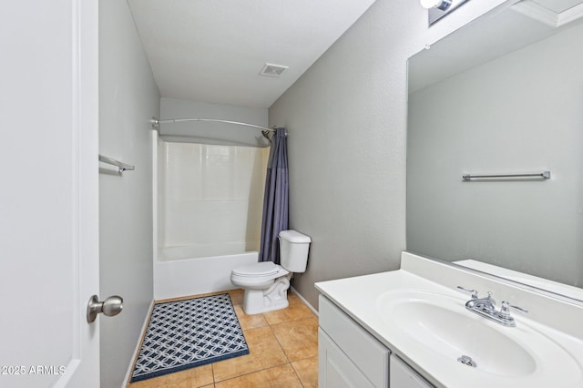 full bathroom featuring tile patterned floors, visible vents, toilet, shower / bath combination with curtain, and vanity