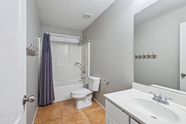 full bath featuring visible vents, toilet, tile patterned floors, shower / bath combination with curtain, and vanity