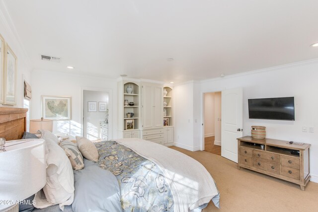 bedroom with visible vents, baseboards, ornamental molding, light carpet, and recessed lighting