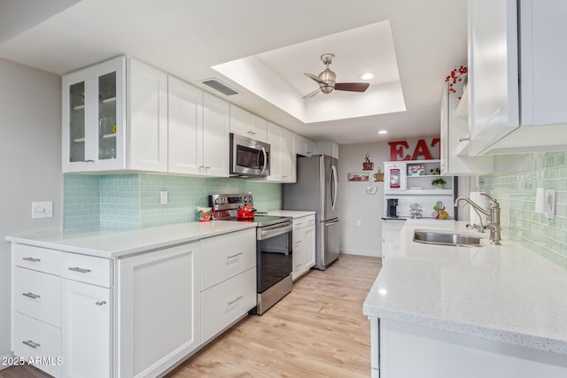 kitchen featuring sink, white cabinetry, stainless steel appliances, and a tray ceiling