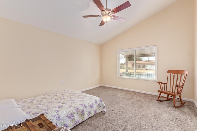 bedroom featuring carpet flooring, ceiling fan, and vaulted ceiling