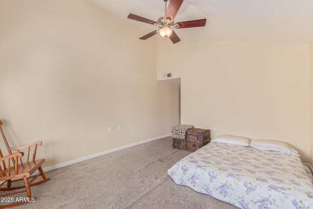 bedroom featuring ceiling fan, carpet floors, and high vaulted ceiling