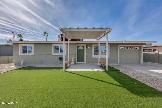 ranch-style house with a garage, driveway, fence, a front lawn, and stucco siding