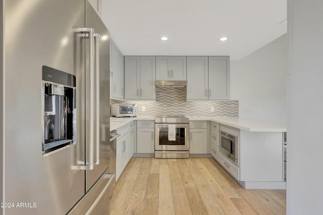 kitchen with decorative backsplash, stainless steel appliances, gray cabinets, and light hardwood / wood-style floors