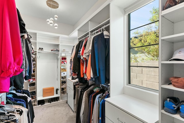 walk in closet featuring light carpet