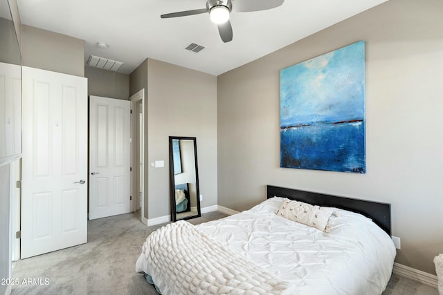 carpeted bedroom featuring ceiling fan