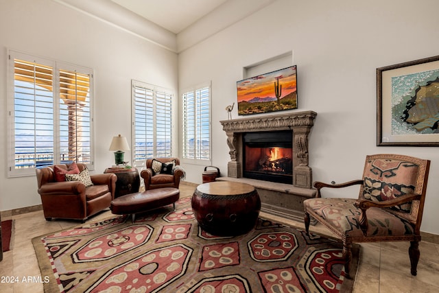 living area featuring light tile patterned flooring