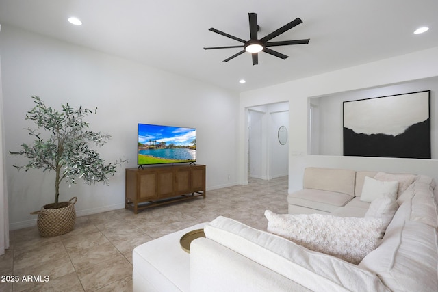 living area with light tile patterned flooring, baseboards, recessed lighting, and a ceiling fan