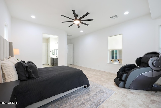 bedroom with baseboards, visible vents, and recessed lighting