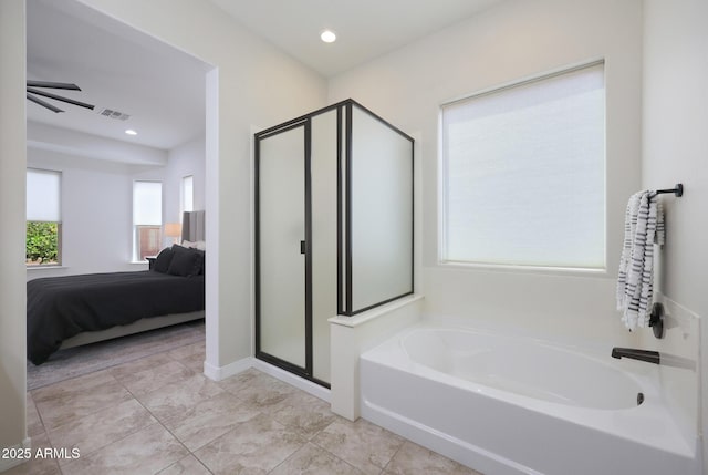 ensuite bathroom featuring ensuite bathroom, a bath, visible vents, a shower stall, and recessed lighting