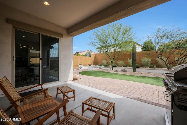view of patio / terrace with a fenced backyard and area for grilling