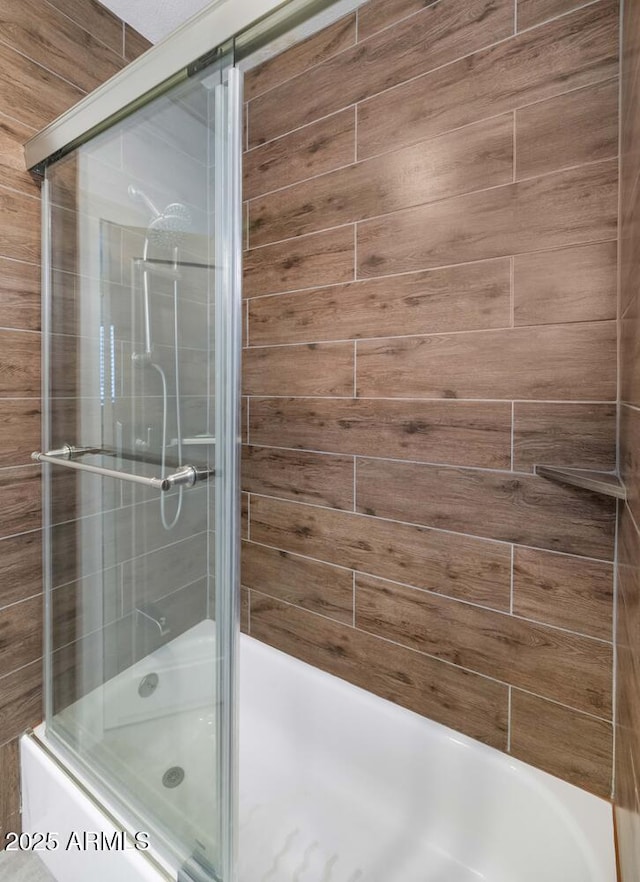 bathroom with wooden walls, an enclosed shower, and a bath