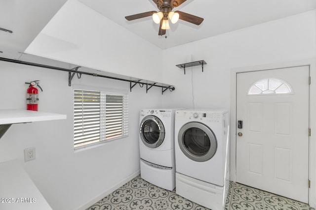 washroom featuring independent washer and dryer, baseboards, light tile patterned flooring, a ceiling fan, and laundry area