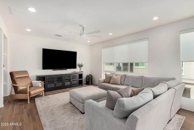 1250 N Abbey Ln Unit 206, Chandler, AZ 85226 - living room with healthy amount of natural light, wood finished floors, ceiling fan, and recessed lighting