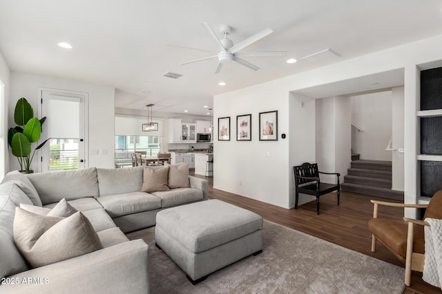 1250 N Abbey Ln Unit 206, Chandler, AZ 85226 - living area featuring wood finished floors, a ceiling fan, recessed lighting, and stairs