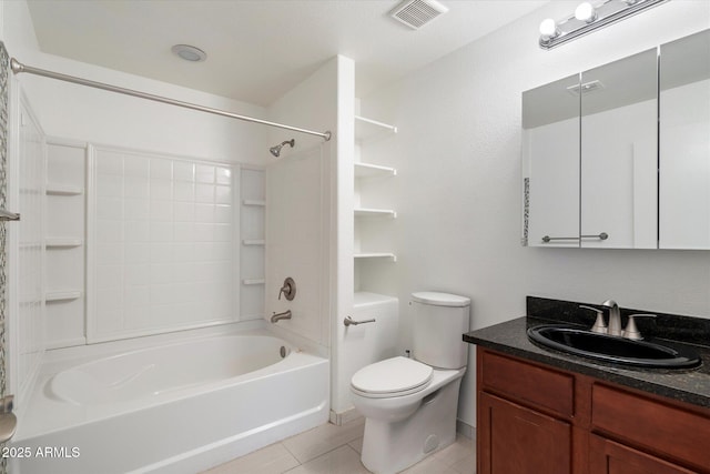 bathroom with bathtub / shower combination, visible vents, toilet, and vanity