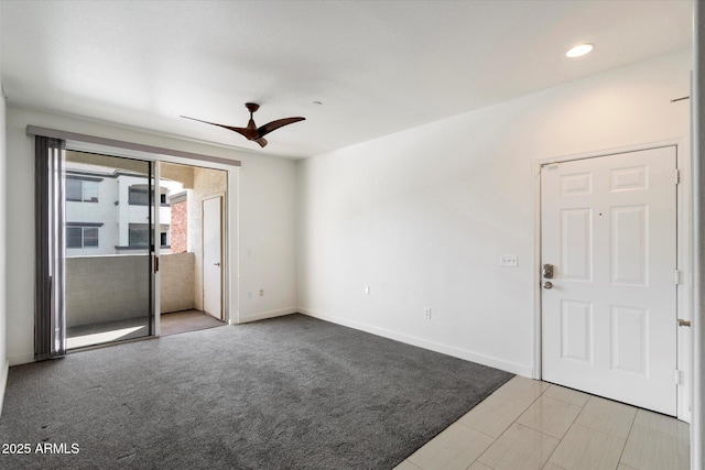 unfurnished room with recessed lighting, carpet floors, baseboards, and ceiling fan