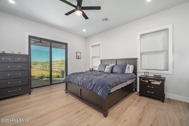 bedroom with visible vents, baseboards, light wood-style flooring, access to exterior, and recessed lighting