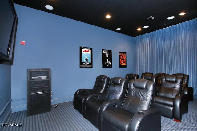 cinema room featuring visible vents, baseboards, carpet flooring, and recessed lighting