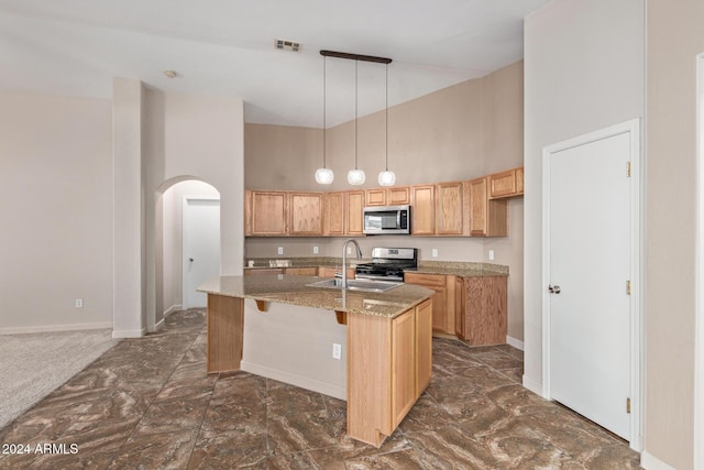 kitchen with pendant lighting, a kitchen island with sink, a high ceiling, sink, and appliances with stainless steel finishes