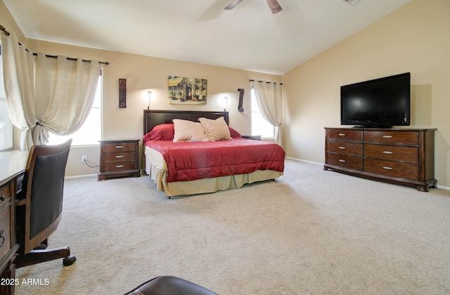 708 E Dry Creek Rd, San Tan Valley, AZ 85143 - bedroom featuring multiple windows, carpet flooring, a ceiling fan, and vaulted ceiling