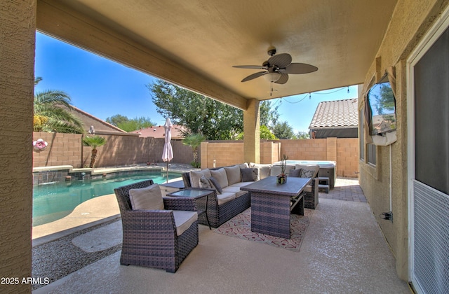 708 E Dry Creek Rd, San Tan Valley, AZ 85143 - fenced backyard with an outdoor living space, a patio, and ceiling fan