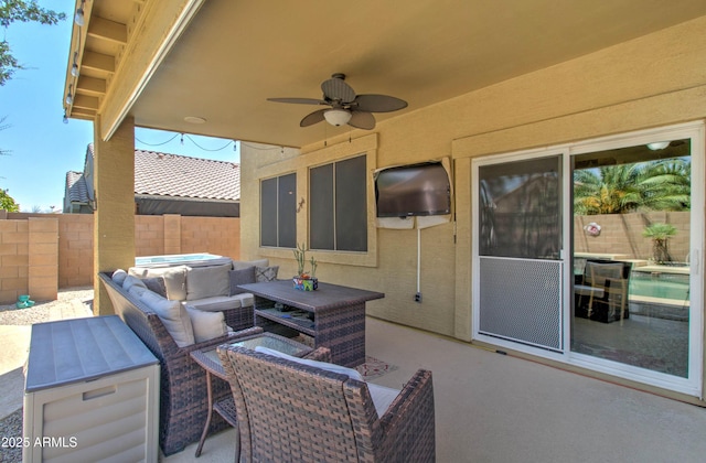 708 E Dry Creek Rd, San Tan Valley, AZ 85143 - fenced backyard with a patio area, ceiling fan, and an outdoor living space