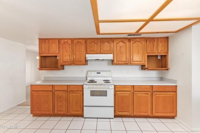 kitchen with brown cabinets, open shelves, light countertops, electric range, and under cabinet range hood