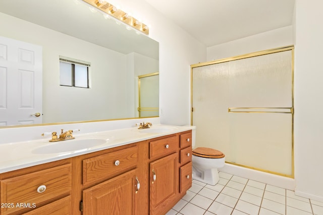 full bath featuring a shower stall, a sink, toilet, and tile patterned floors