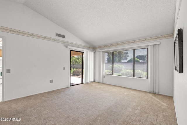 empty room featuring lofted ceiling, visible vents, a textured ceiling, and carpet floors