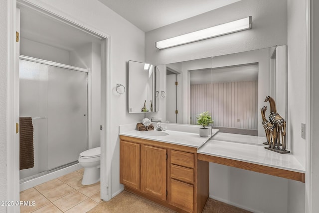 bathroom featuring a shower stall, tile patterned floors, vanity, and toilet