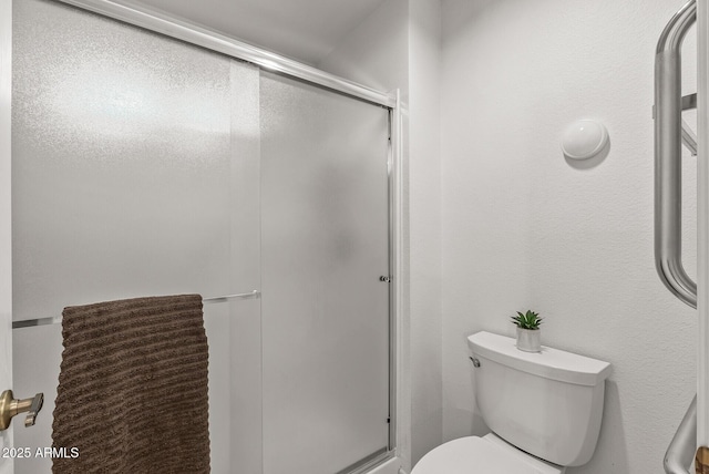 bathroom with toilet and a stall shower